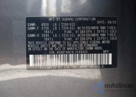 2020 Subaru Outback Limited z USA, uszkodzony, nr VIN 4S4BTANC4L3269402